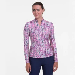 EPNY Ladies Long Sleeve Broken Geometric Zip Mock Inky Multi