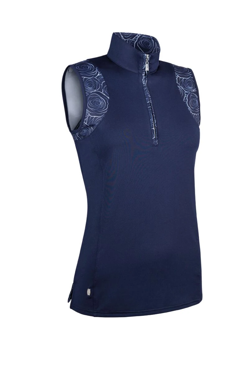 Ladies Stand Up Collar Sleeveless Rose Patterned Performance Golf Polo 3 Ladies Stand Up Collar Sleeveless Rose Patterned Performance Golf Polo