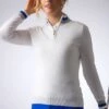 Glenmuir Ladies Zip Neck Contrast Rib Diamante Cotton Golf Sweater GAELLE -Golf Supply Store 890x1200 fitbox gaelle model whitelightgreymarlascotblue cropped