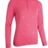 Glenmuir Ladies Zip Neck Embroidered Flower Cotton Golf Sweater Sorbet/White