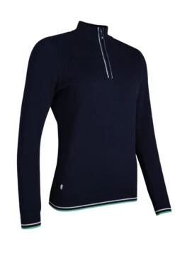 Ladies Zip Neck Rib Detail Cotton Golf Sweater Navy/White/Spring Green