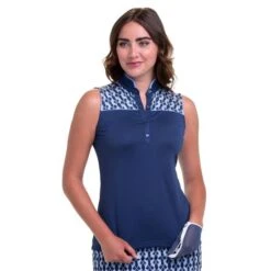 EPNY Ladies Sleeveless Zip Mandarin Collar Print Top Inky Multi