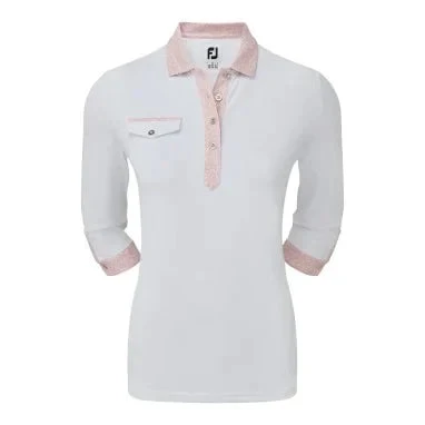Footjoy Ladies 3/4 Sleeve Pique Print Golf Polo Shirt - White/Pink 3 Footjoy Ladies 3/4 Sleeve Pique Print Golf Polo Shirt - White/Pink
