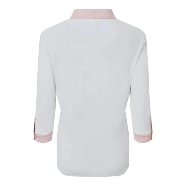 Footjoy Ladies 3/4 Sleeve Pique Print Golf Polo Shirt - White/Pink 4 Footjoy Ladies 3/4 Sleeve Pique Print Golf Polo Shirt - White/Pink - Image 2